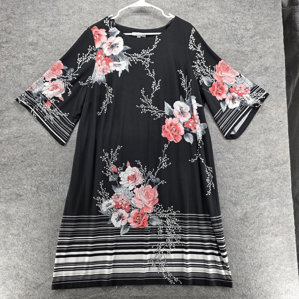Sandra Darren Dress Womens 1X Black Floral Kimono Sleeve Shift Lined Knee Length